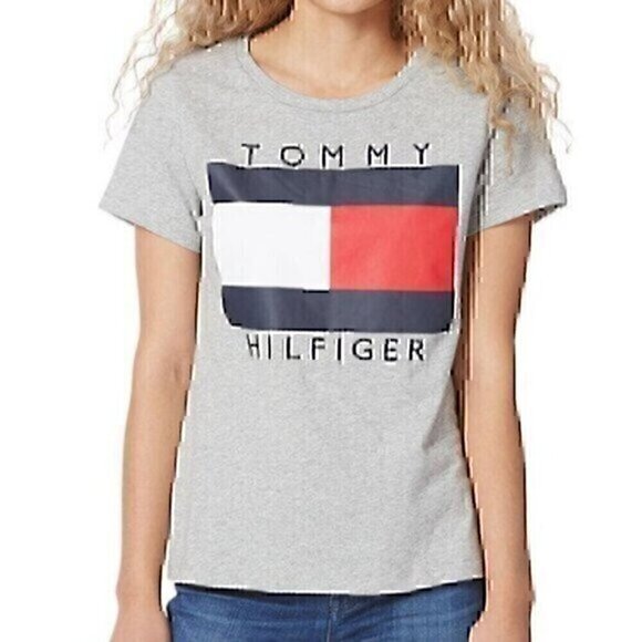 TOMMY HILFIGER Embroidered Logo Flag Tee Gray Spellout Short Sleeve T-Shirt S - Picture 1 of 8